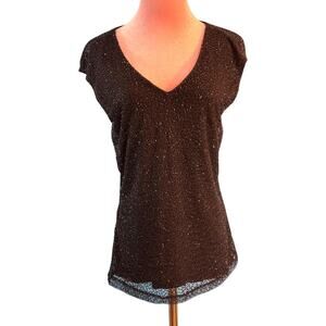 Vintage Ralph Lauren Sleeveless Beaded Mesh Over Jersey Knit Black V-Neck Pet M